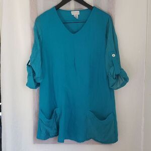 Soft Surroundings Long Top Size S Pullover Roll Tab Sleeves Front Pockets Tunic